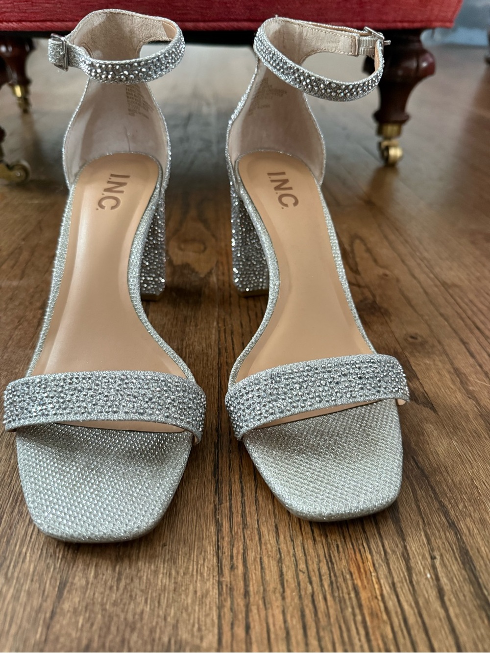 INC International Concepts Sparkling Silver Rhinestone Block Heel Sandals